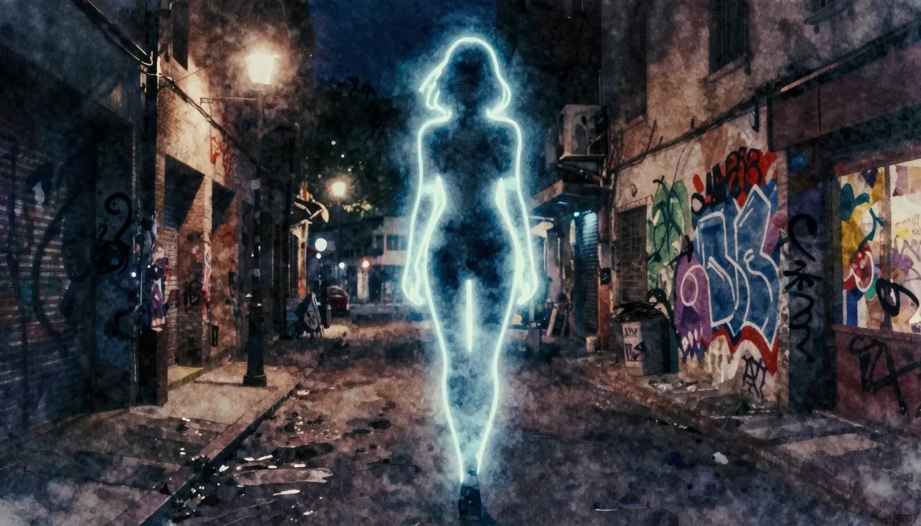 Watercolor style. A dark urban street at night with a glowin...