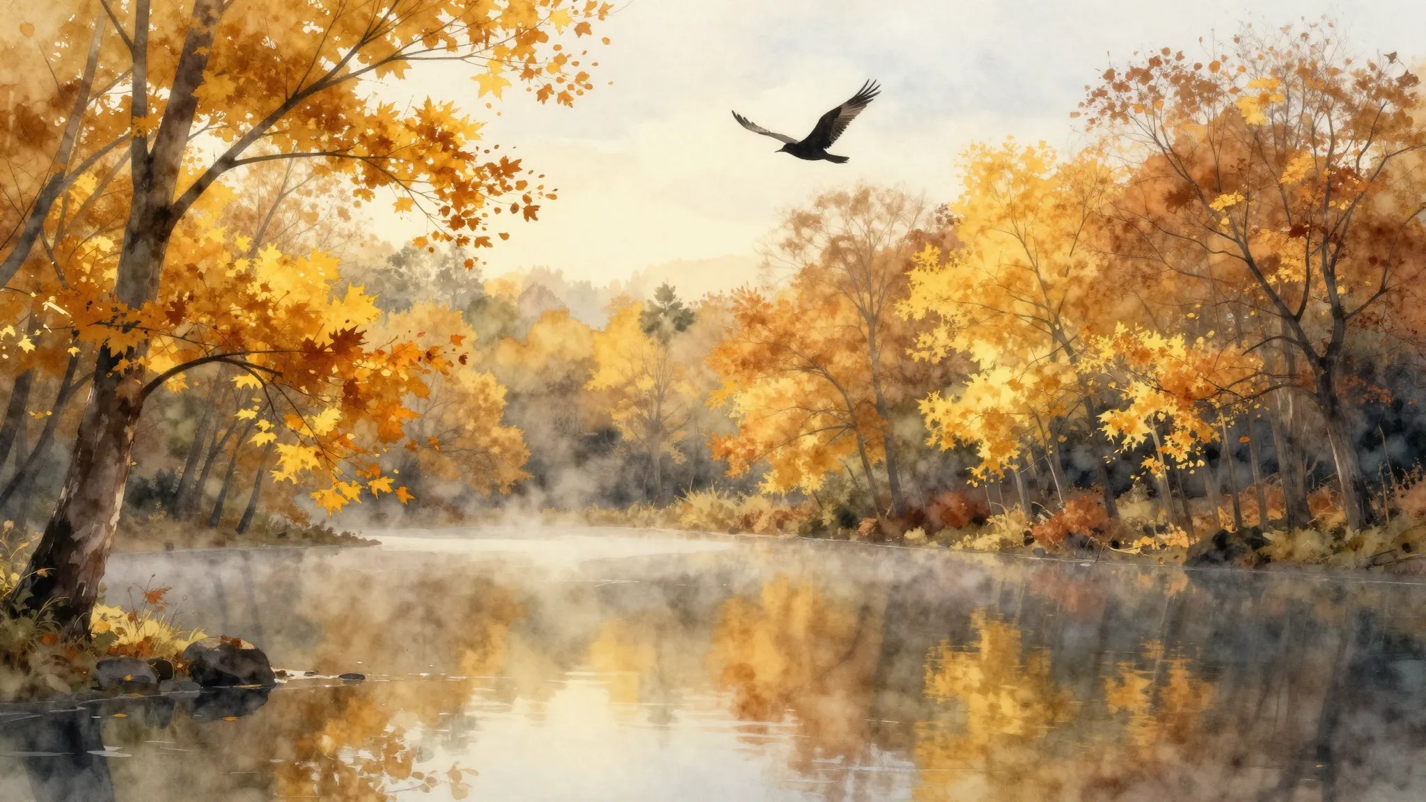 Watercolor style. Autumn morning landscape, golden leaves on...