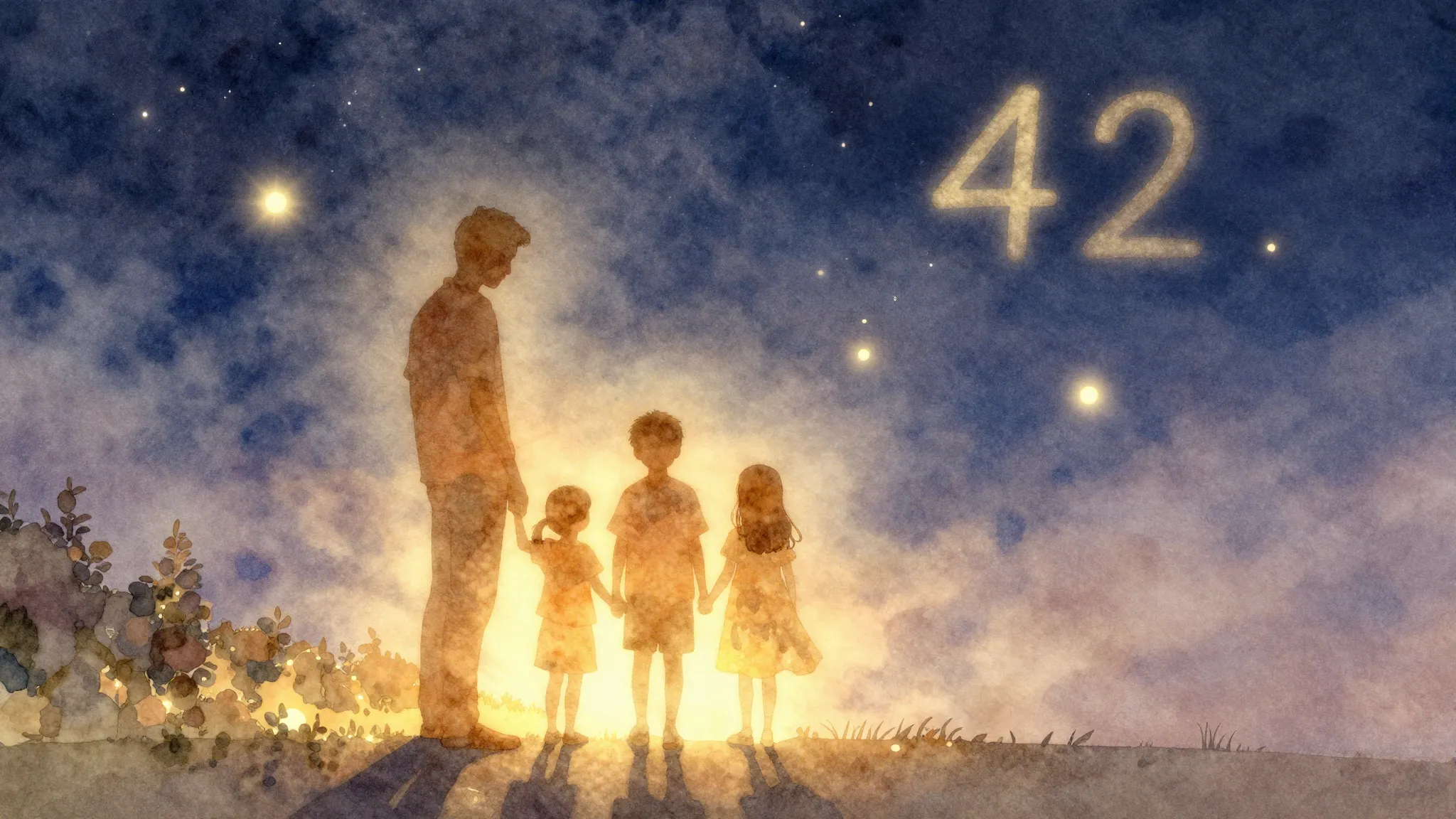 Watercolor style. A warm glowing silhouette of a family stan...