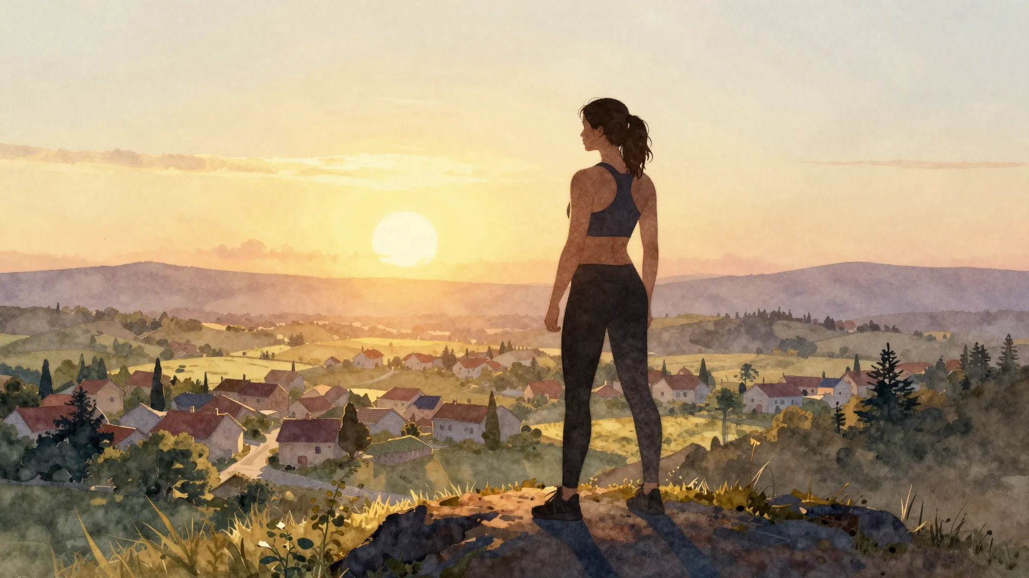 Watercolor style. A silhouette of a strong woman standing on...