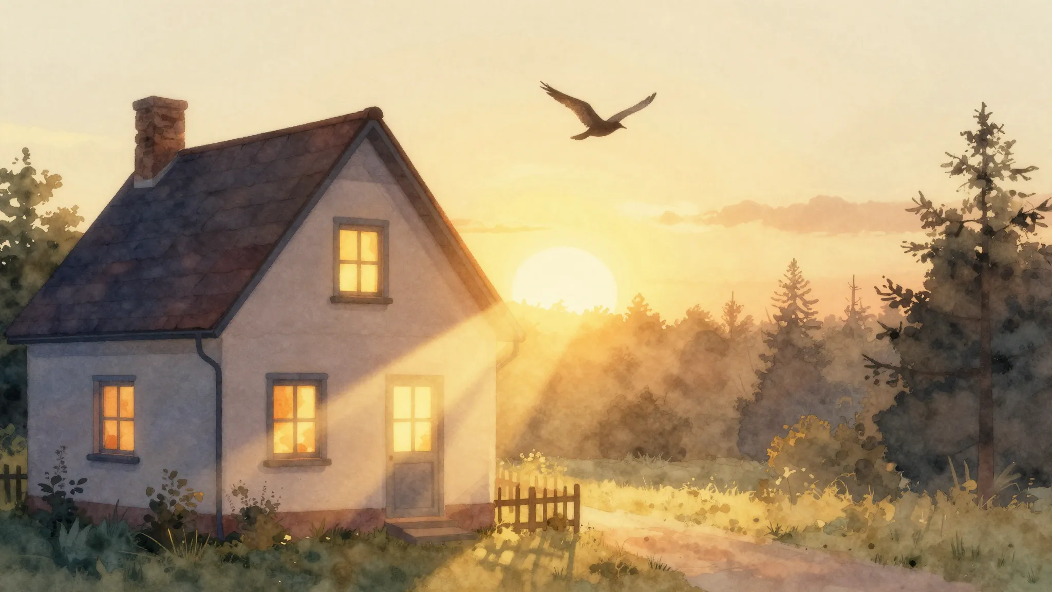 Watercolor style. A golden sunrise over a cozy house, warm l...