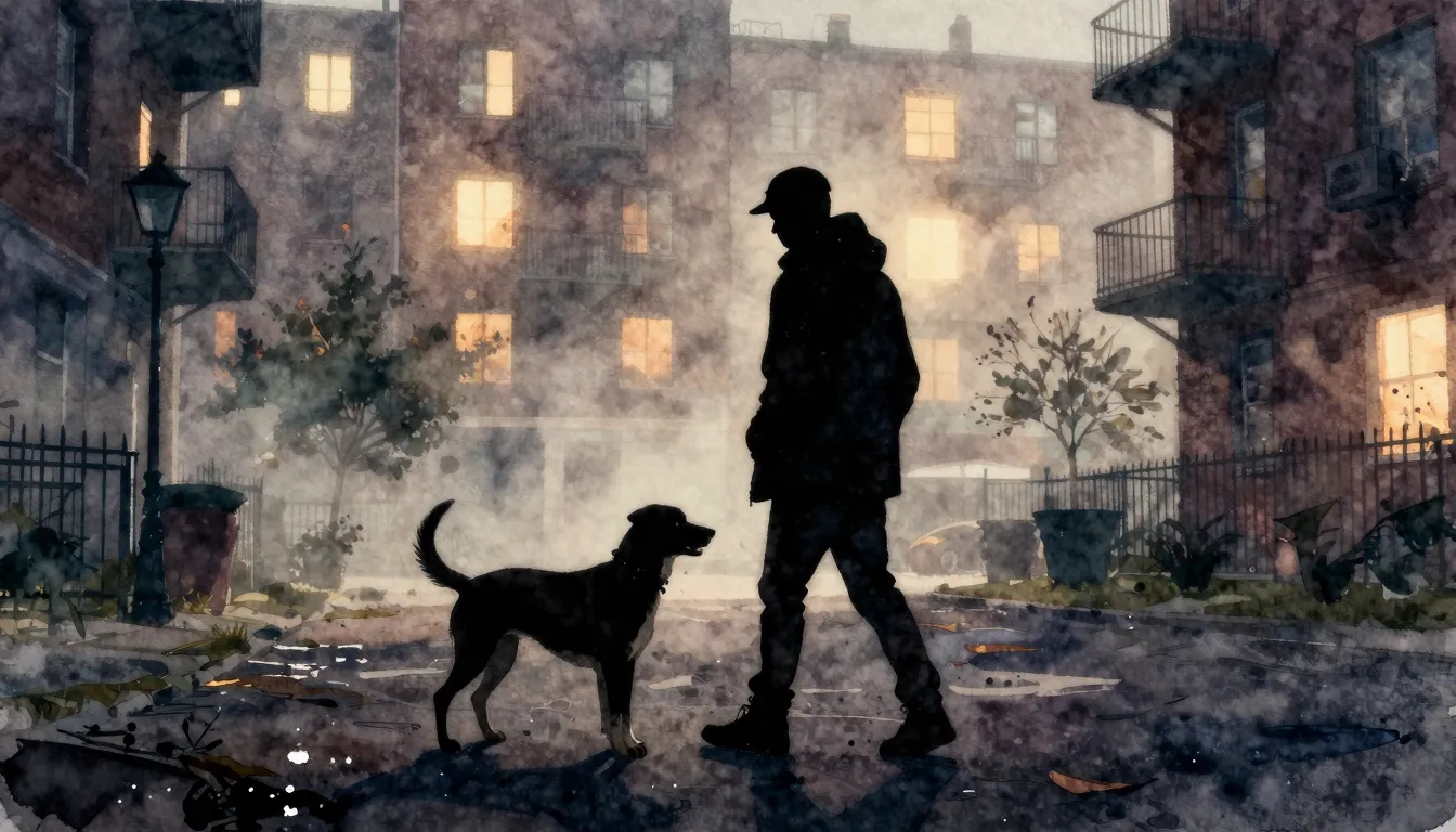 Watercolor style. A dark silhouette of a person walking a la...