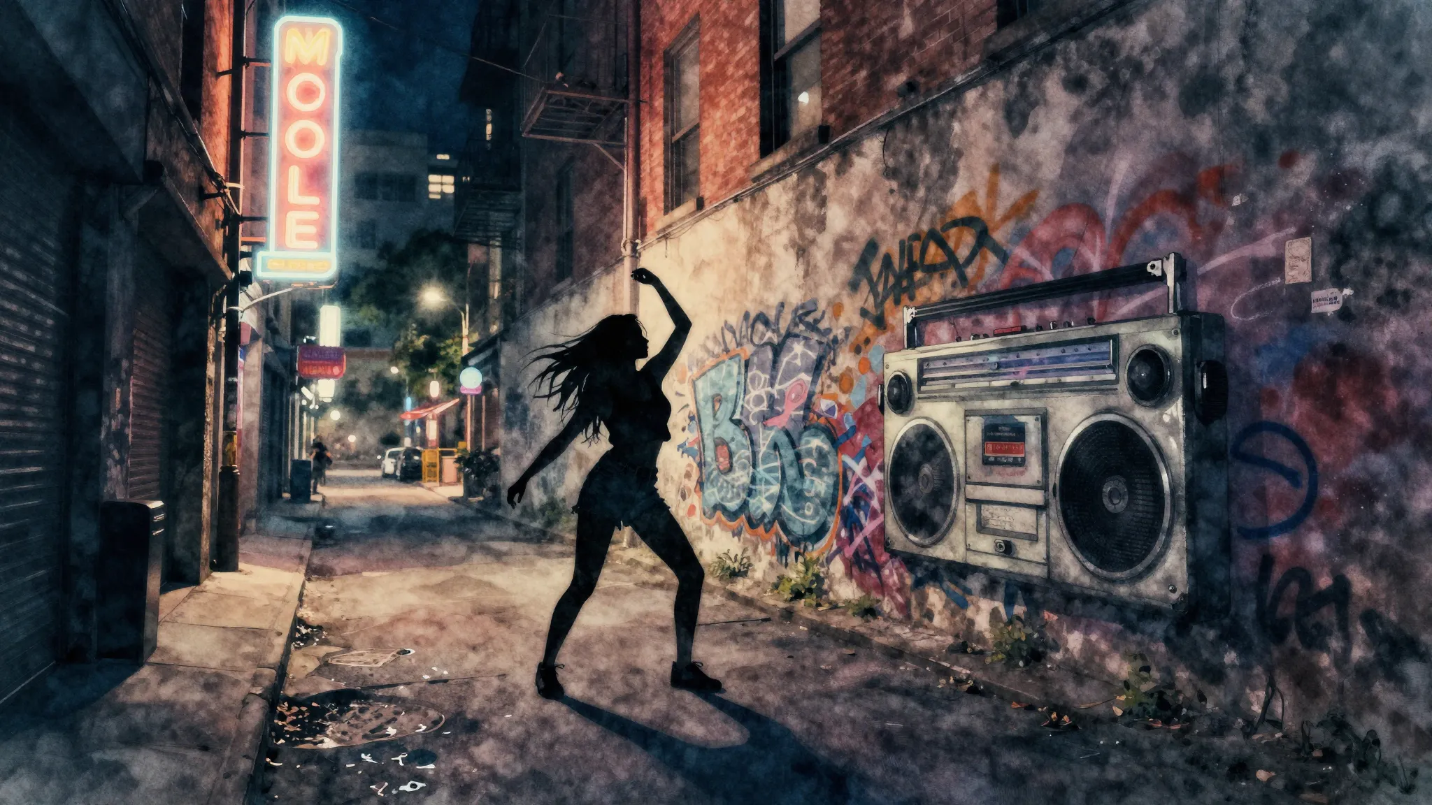 Watercolor style. Urban city street at night, neon lights, s...