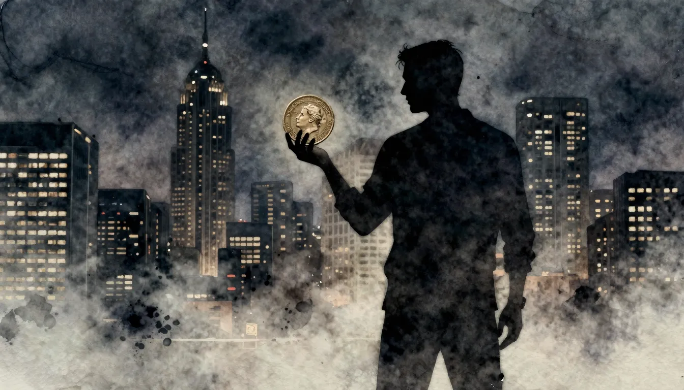 Watercolor style. Silhouette of a man holding a heavy coin, ...