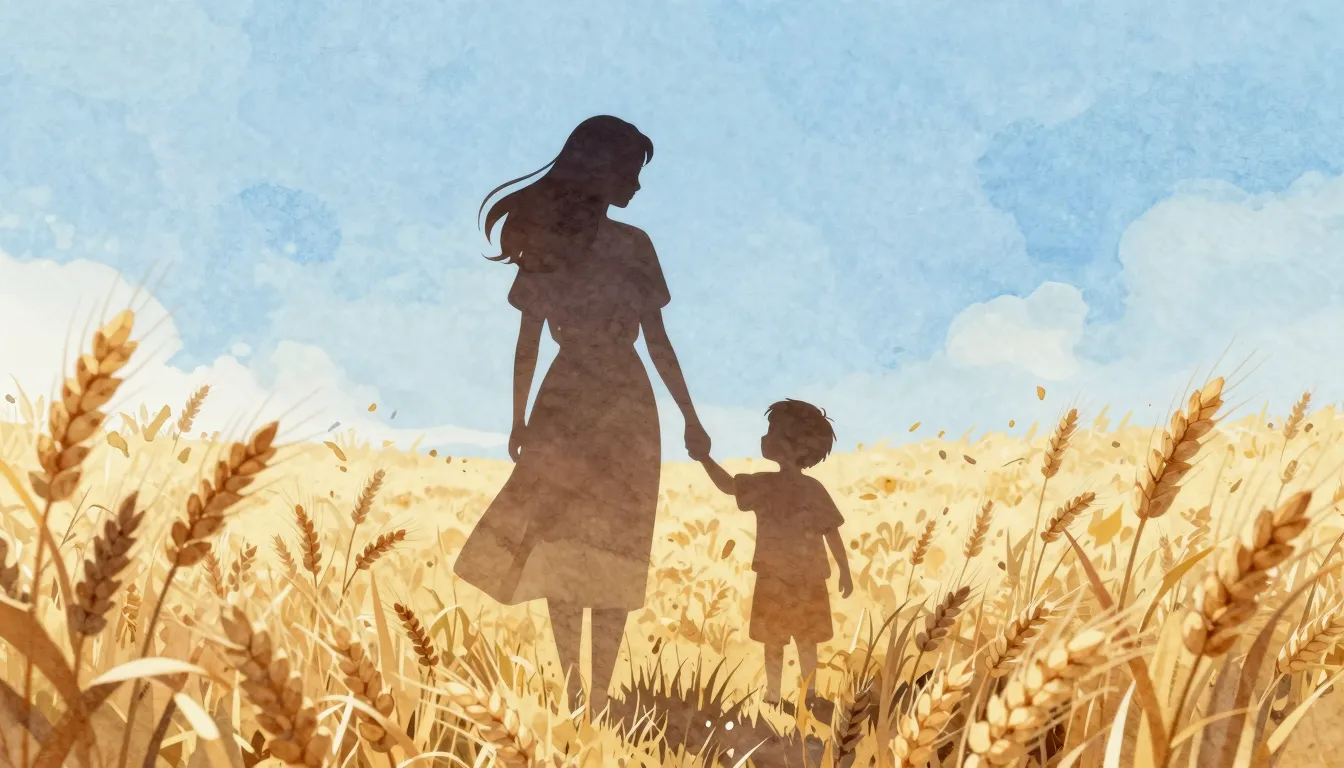 Watercolor style. Silhouette of a woman and a small child ho...