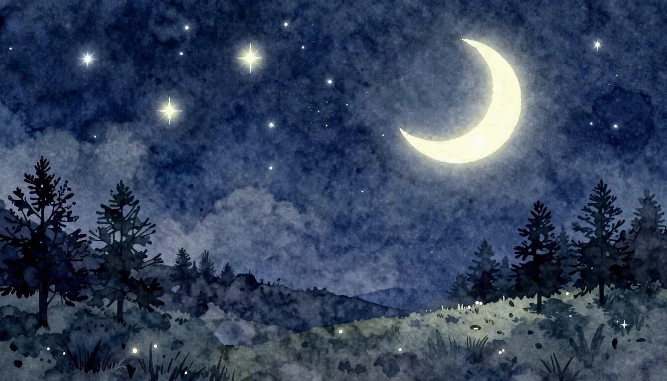 Watercolor style. A serene night sky with glowing stars and ...