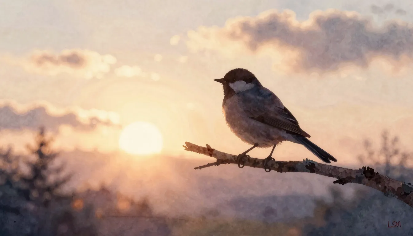 Watercolor style. Silhouette of a bird on a branch at sunris...