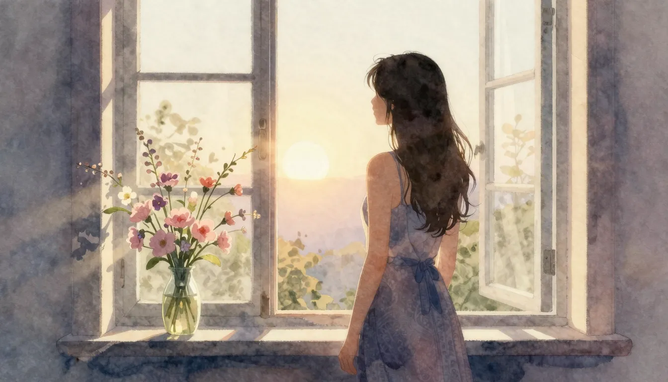 Watercolor style. Silhouette of a woman standing by a window...