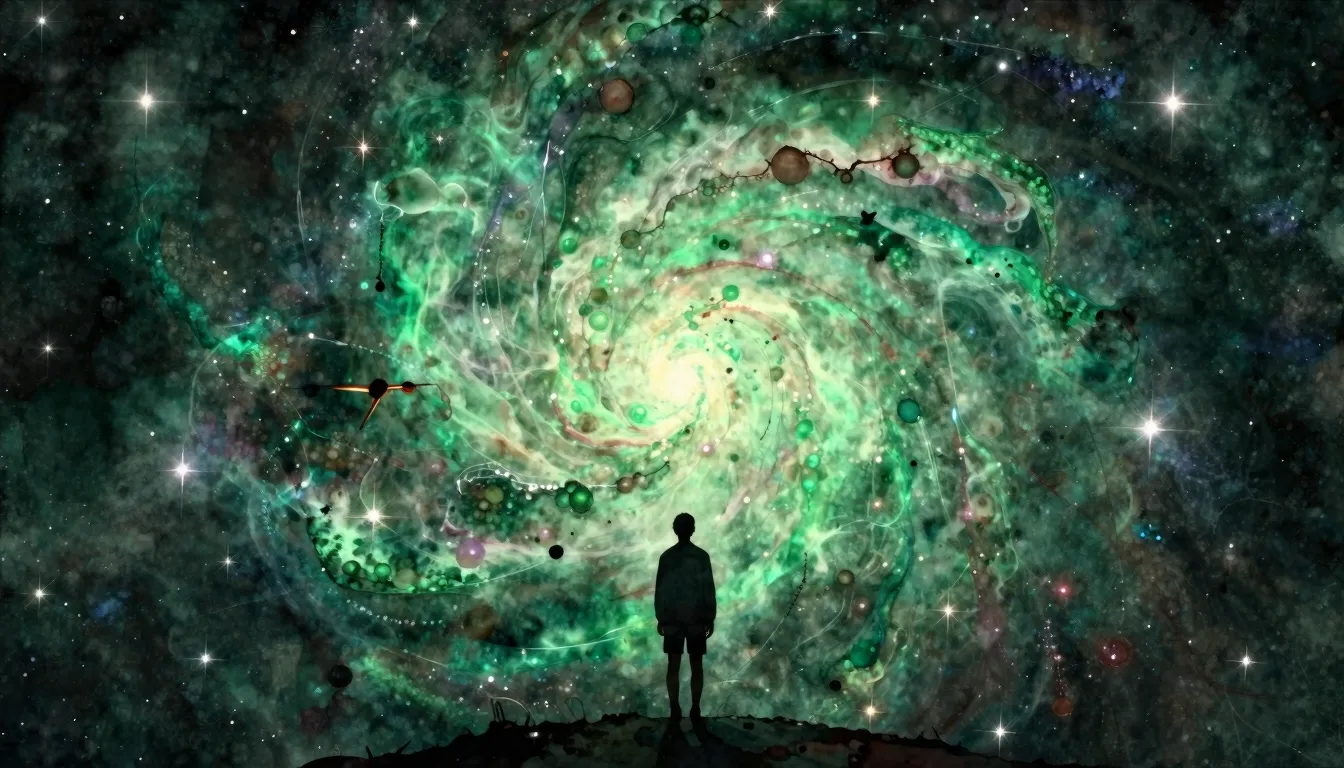 Watercolor style. A mystical cosmic landscape with swirling ...