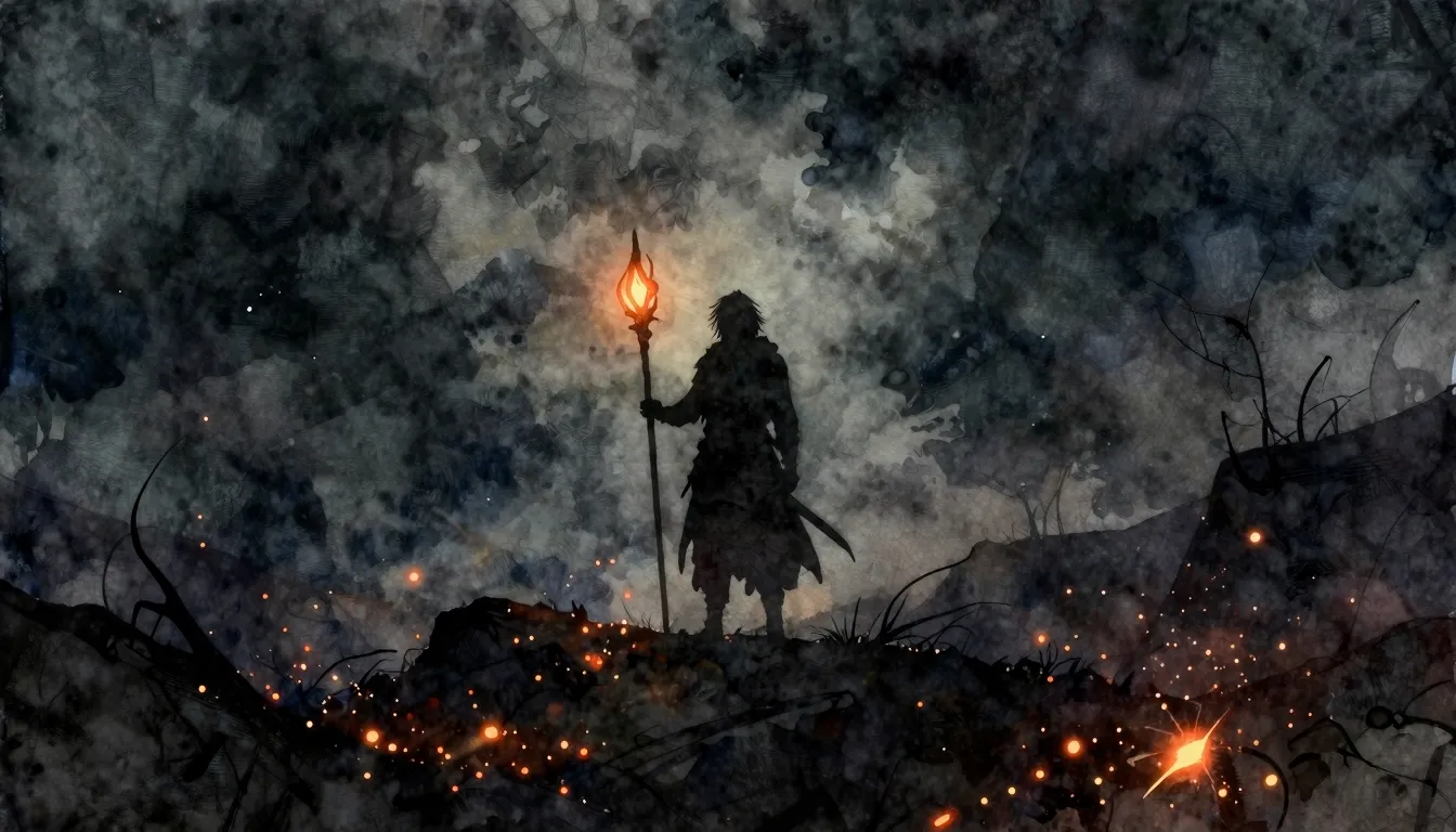 Watercolor style. Dark fantasy landscape, glowing embers in ...