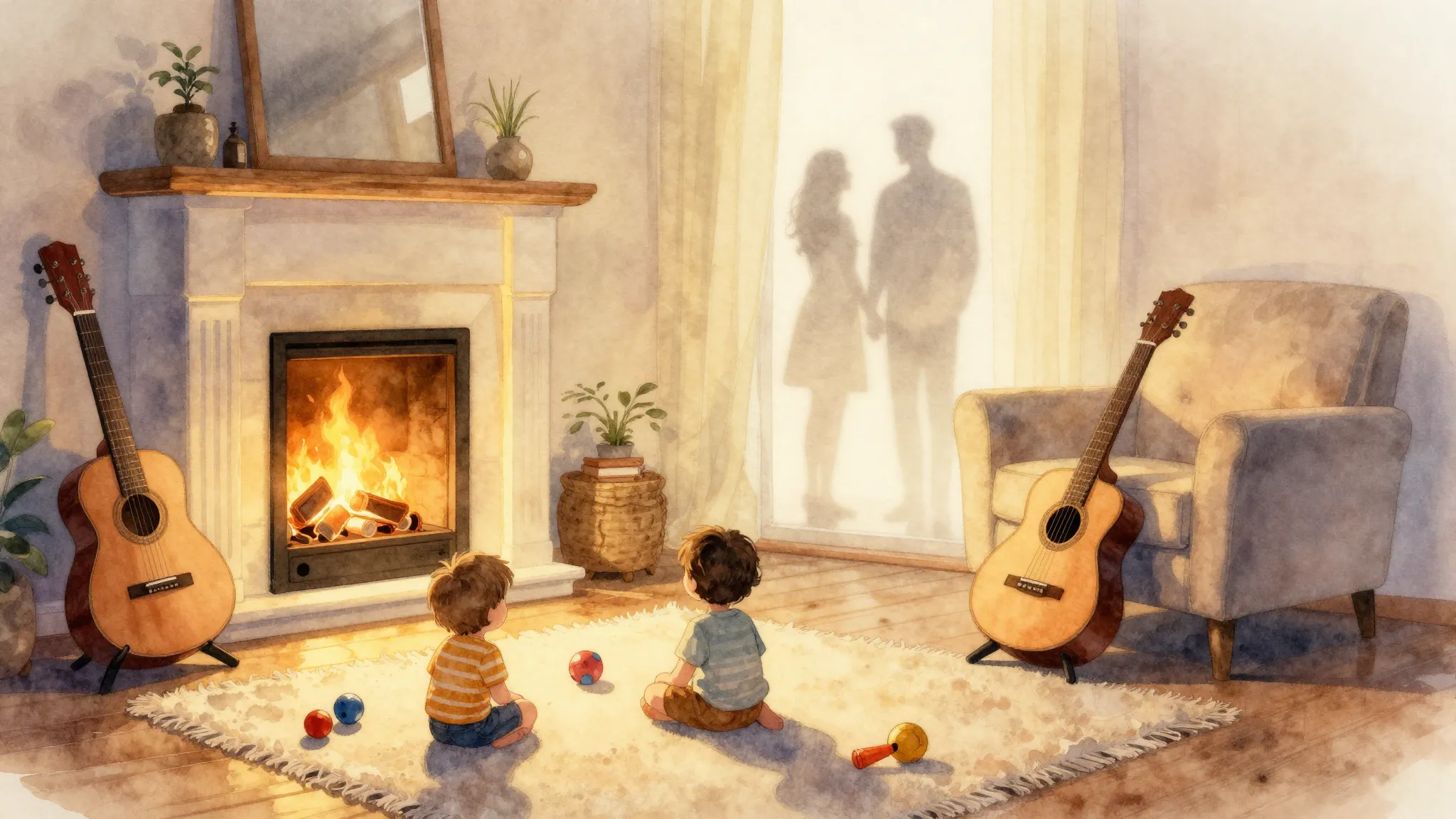 Watercolor style. A cozy living room with a warm fireplace, ...