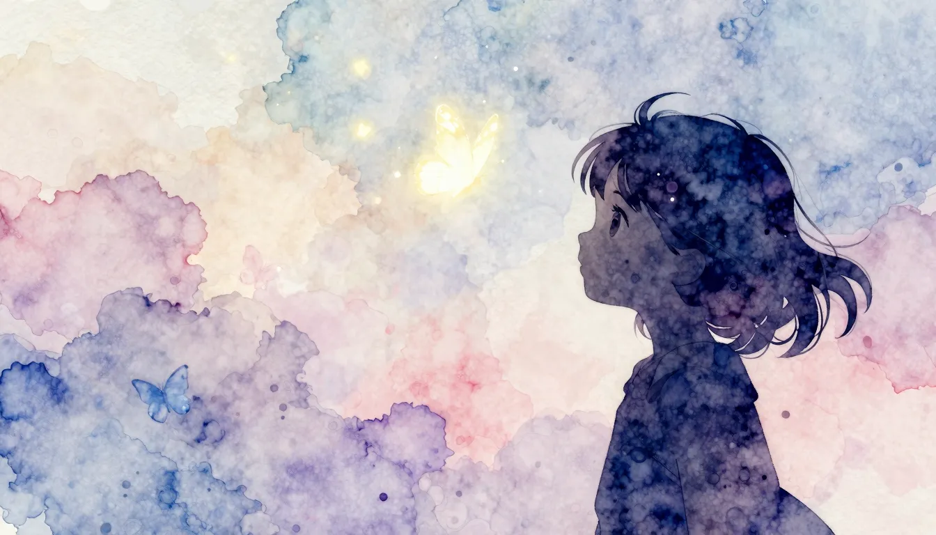 Watercolor style. Silhouette of a young girl looking at a gl...