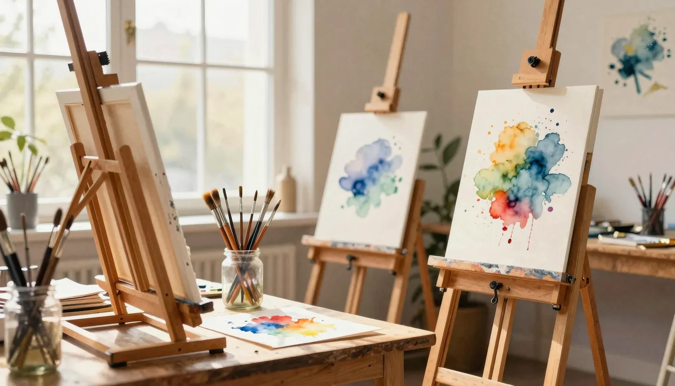 Watercolor style. Cozy art studio interior, wooden easels, j...