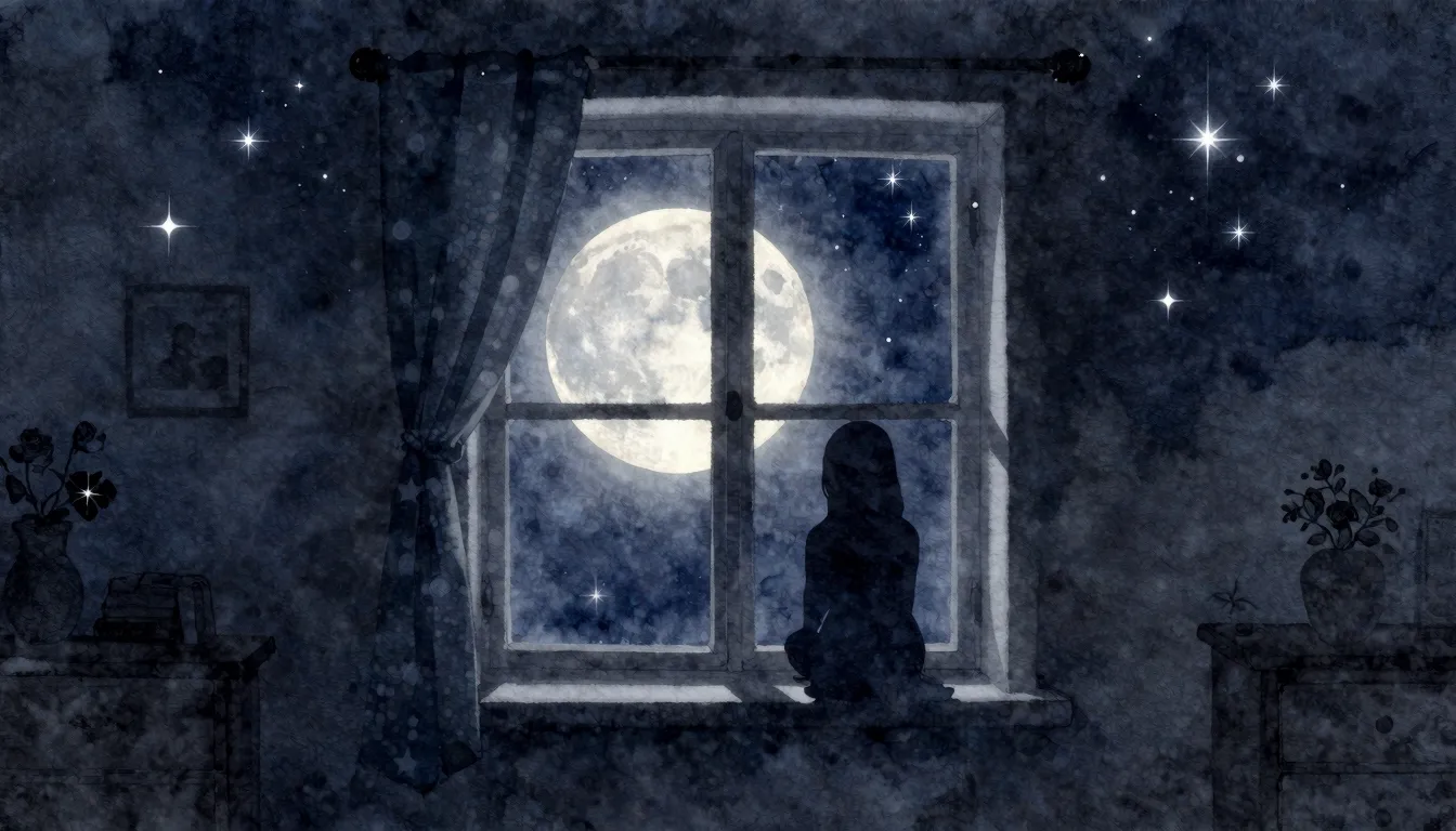 Watercolor style. Silhouette of a window, glowing moon, silv...