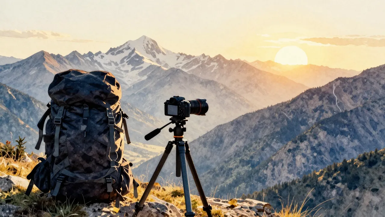 Watercolor style. A breathtaking mountain range at golden ho...