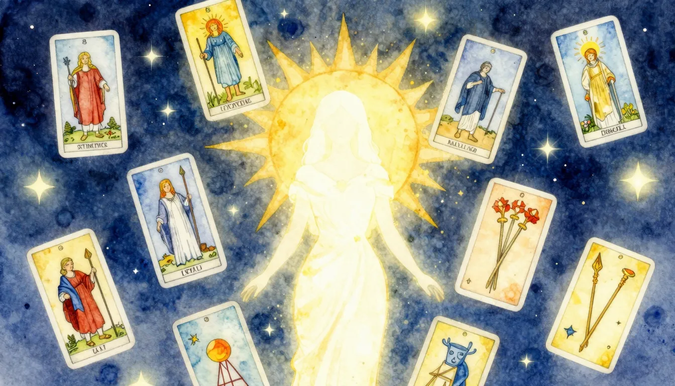 Watercolor style. Tarot cards floating around a glowing fema...