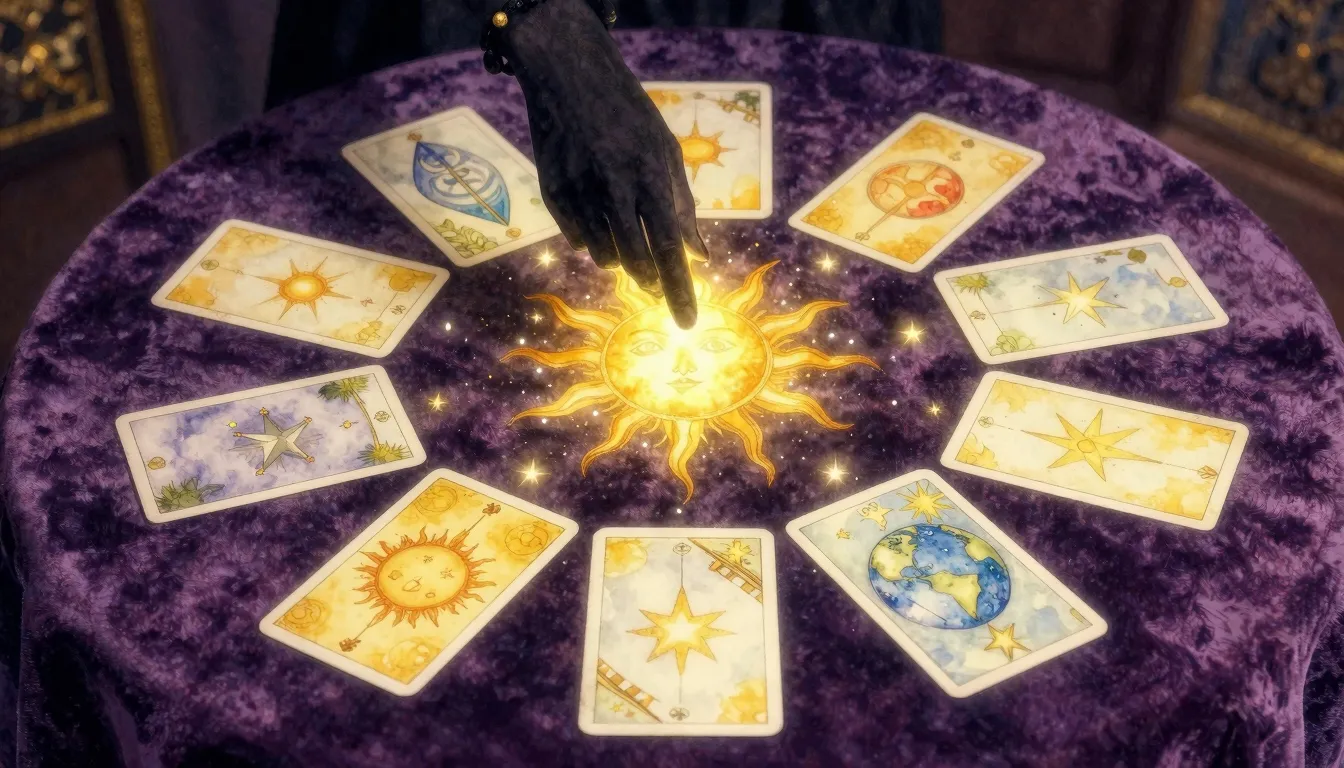 Watercolor style. A mystical tarot card spread on a velvet t...