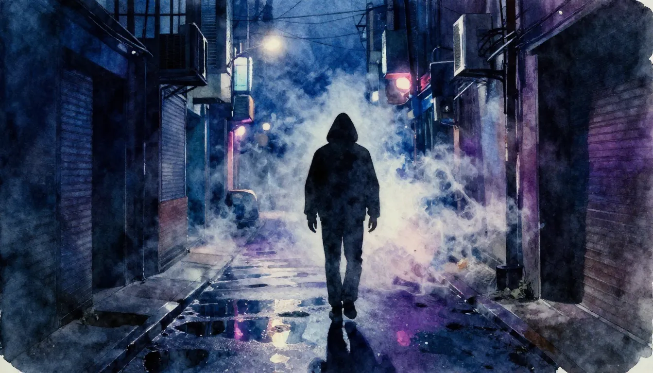 Watercolor style. A dark urban alleyway at night, neon blue ...