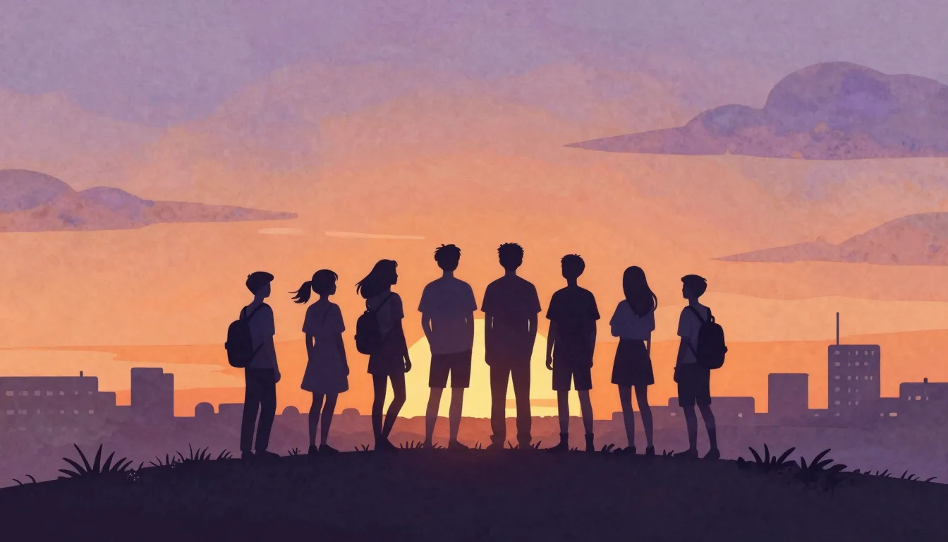 Watercolor style. Silhouette of a group of teenagers standin...