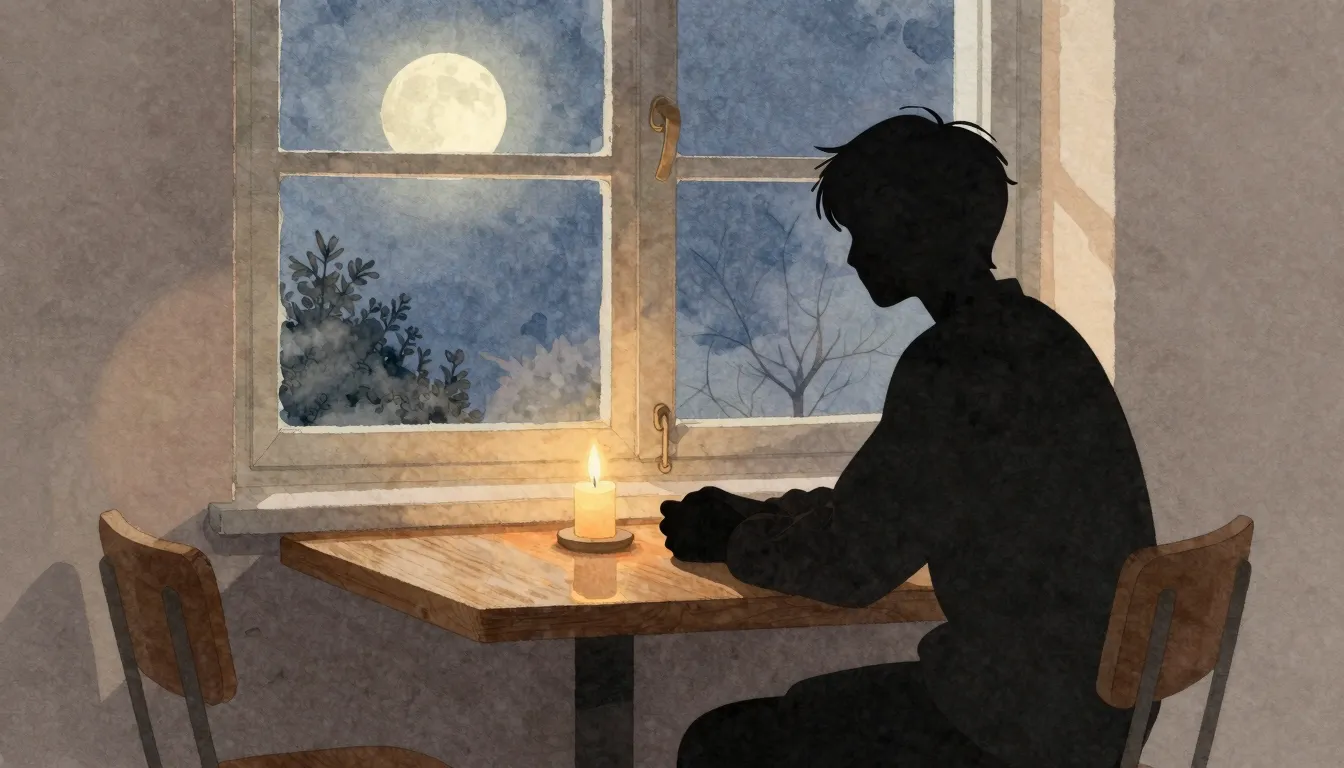Watercolor style. Silhouette of a person sitting at a wooden...