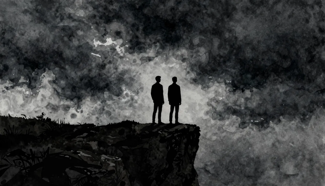 Watercolor style. A minimalist silhouette of two figures sta...