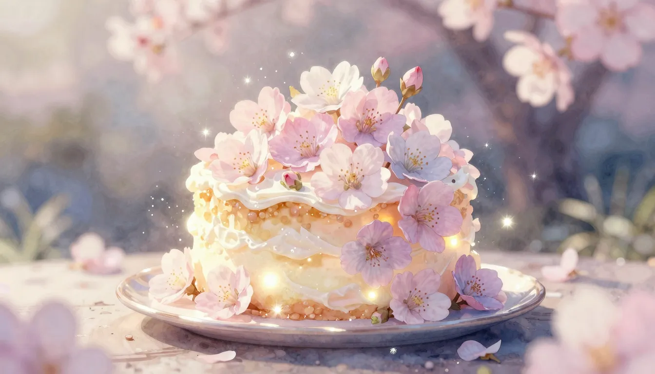 Watercolor style. A surreal, glowing cake made of stardust a...