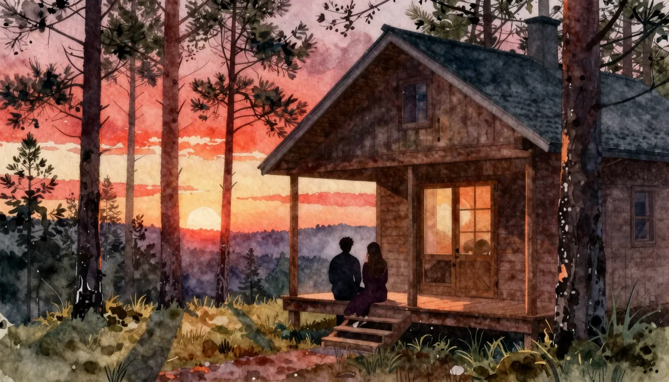 Watercolor style. Silhouettes of a couple sitting on a woode...
