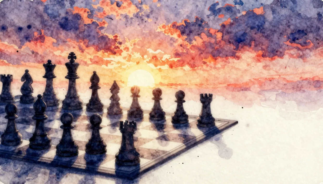 Watercolor style. A surreal chessboard fading into a sunset ...