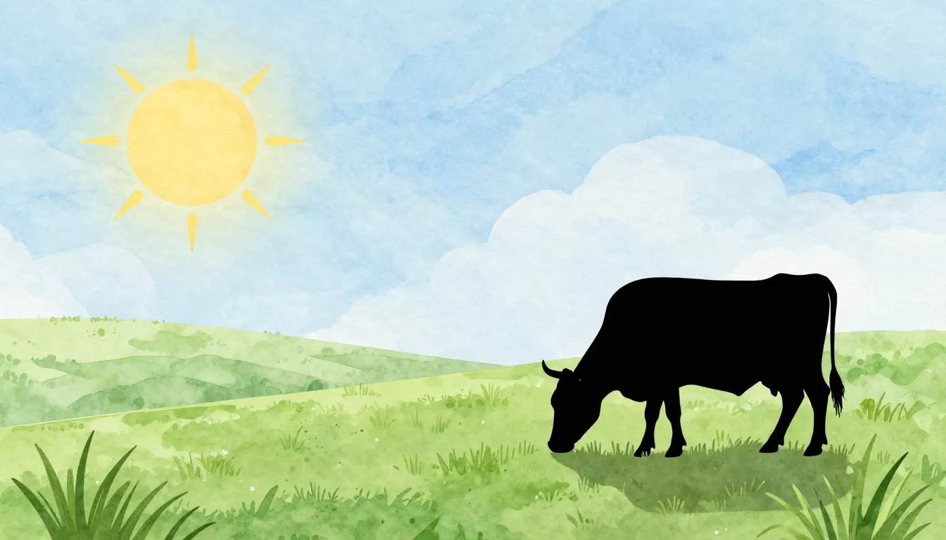 Watercolor style. Silhouette of a cow grazing in a vast gree...