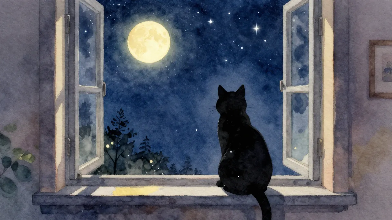 Watercolor style. Silhouette of a cat sitting on a windowsil...