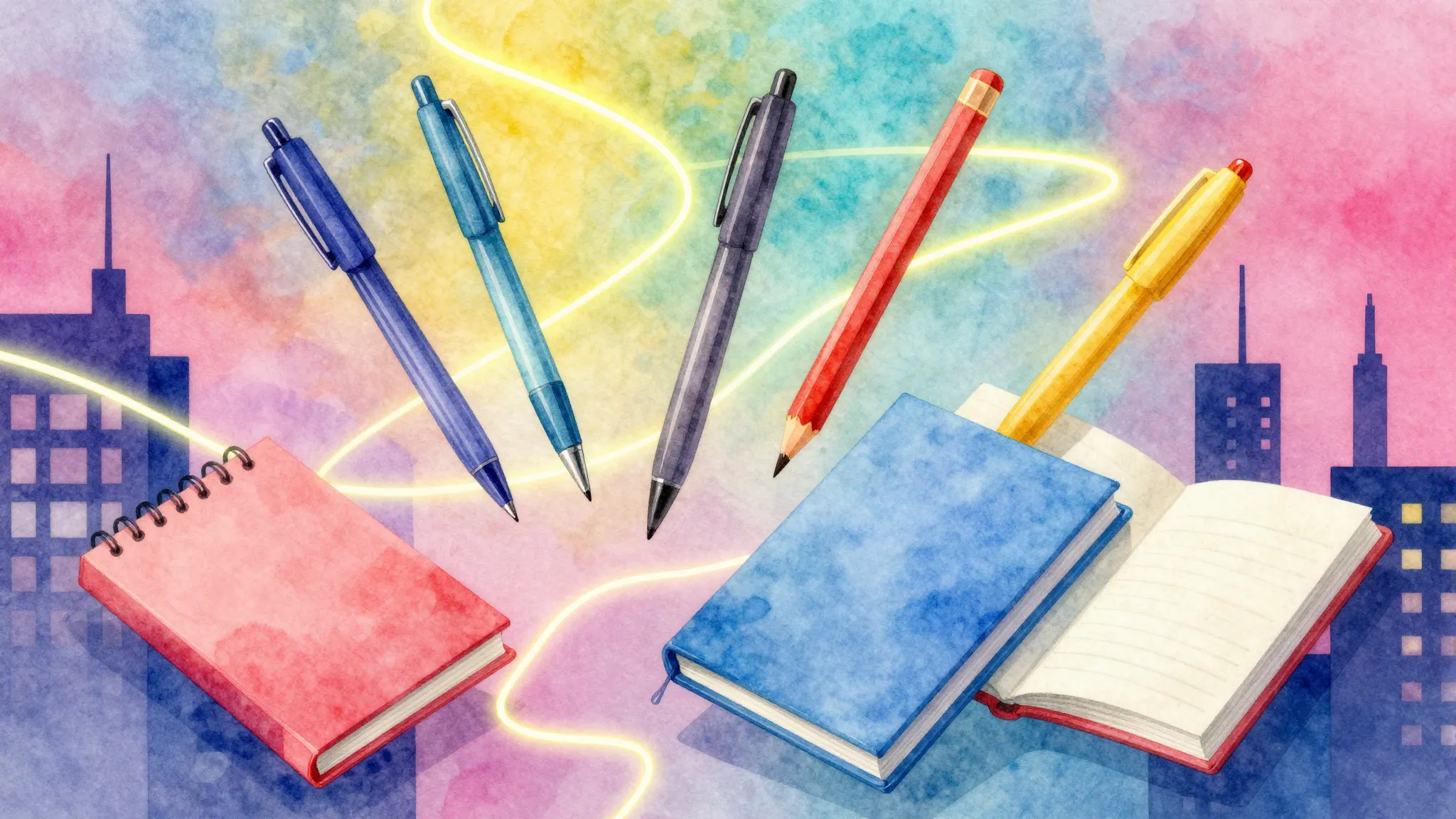 Watercolor style. Bright colorful stationery floating in the...