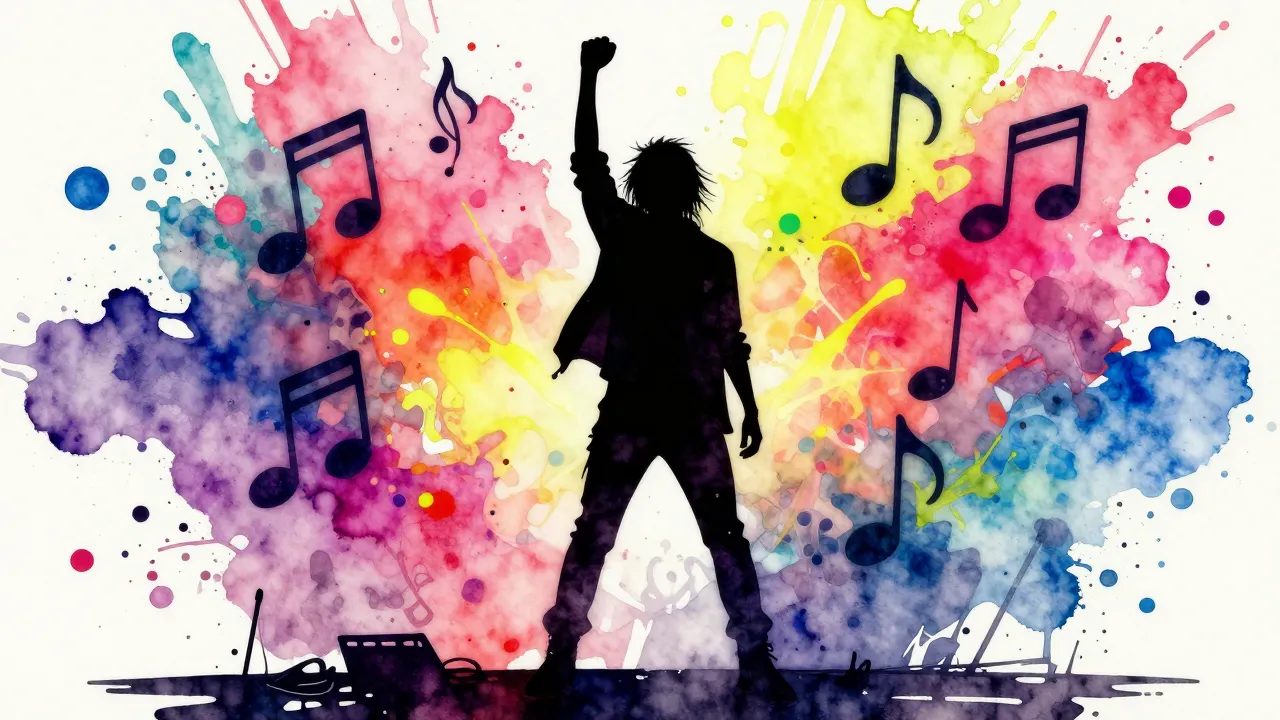Watercolor style. A silhouette of a person standing on a sta...