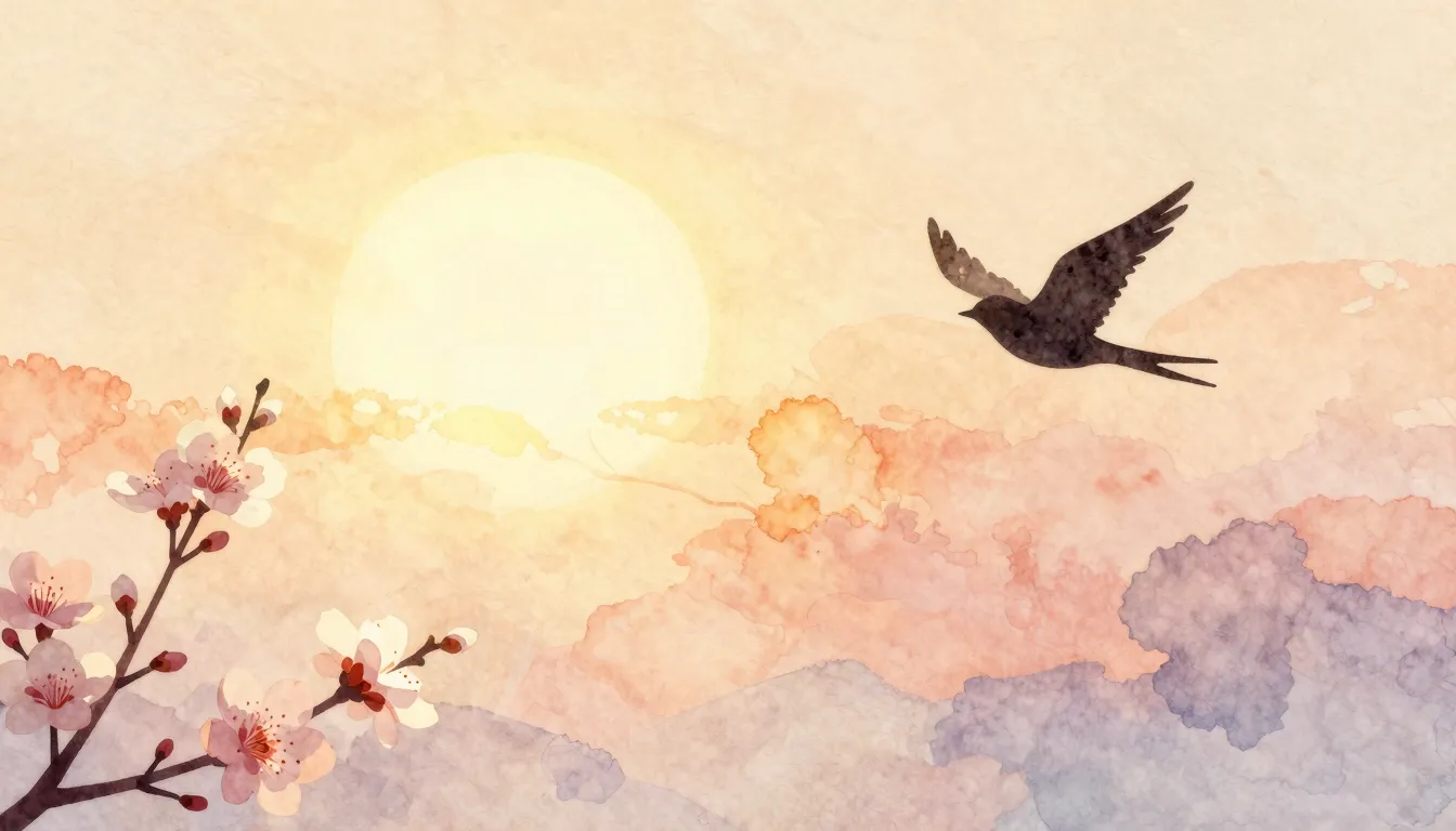 Watercolor style. Silhouette of a bird flying towards a glow...