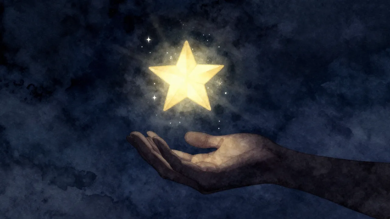 Watercolor style. A glowing star falling into a silhouette o...