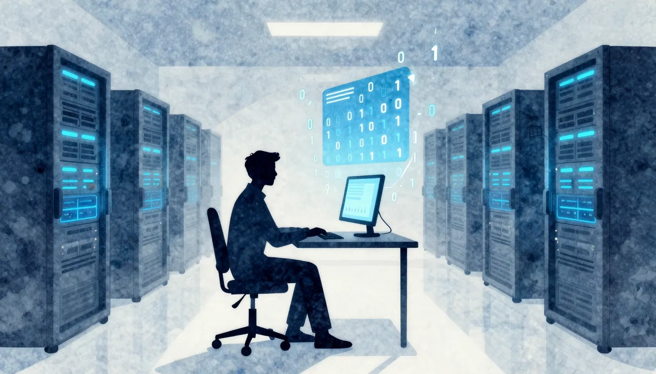 Watercolor style. Silhouette of a system administrator sitti...