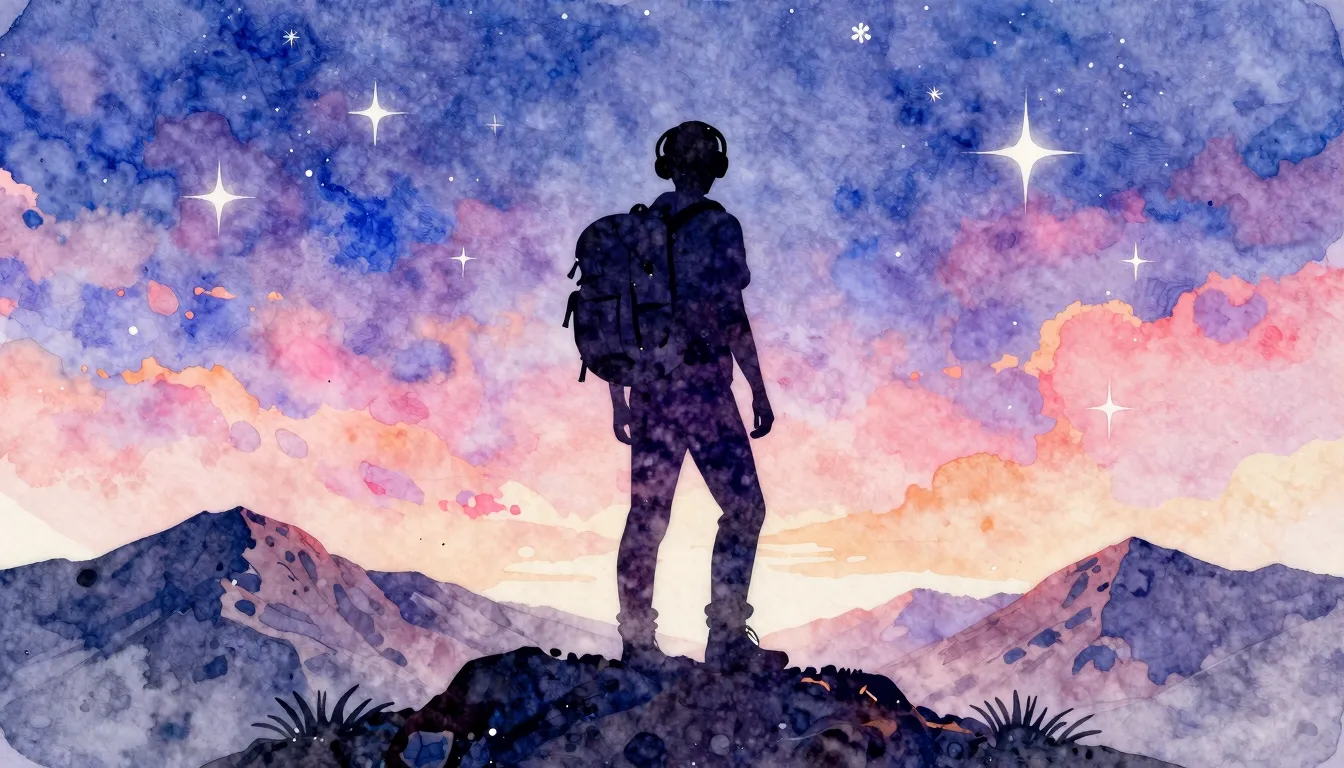 Watercolor style. Silhouette of a traveler with a backpack a...