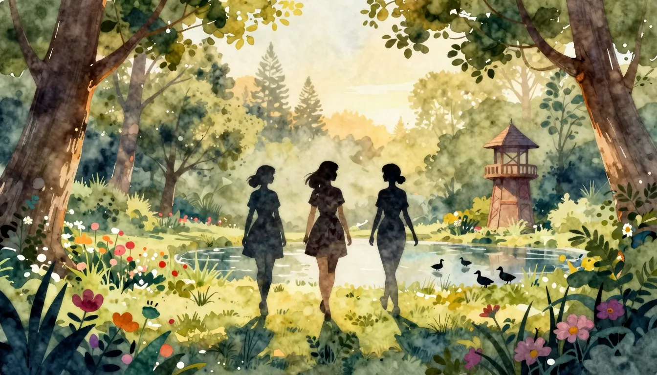 Watercolor style. Silhouette of three female figures walking...