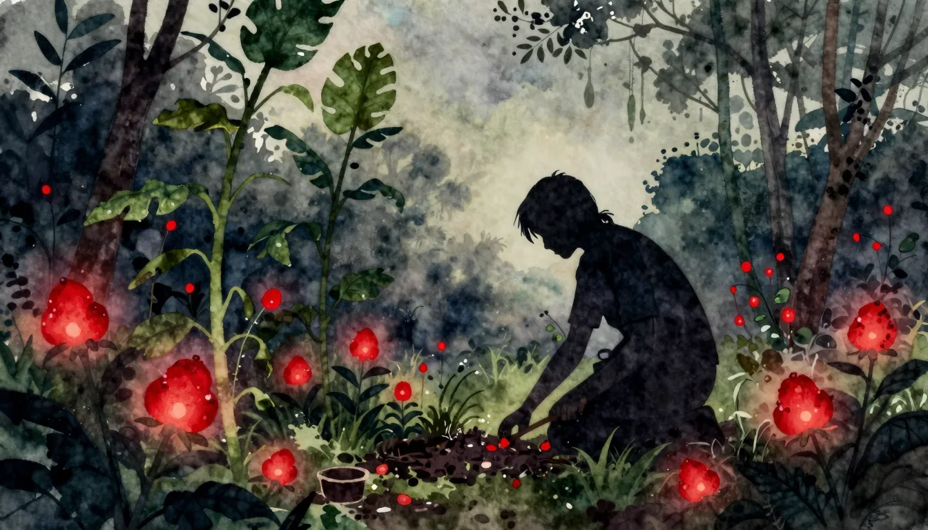 Watercolor style. A dark silhouette of a person gardening in...