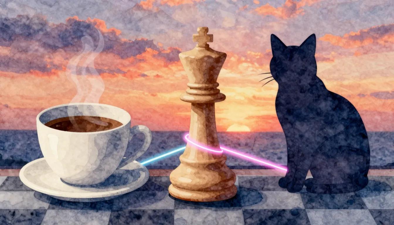 Watercolor style. Abstract collage of a coffee cup, a chess ...