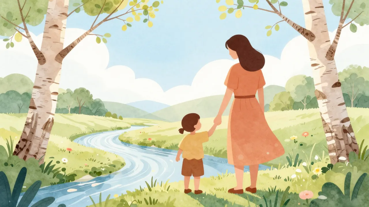 Watercolor style. A warm silhouette of a mother and child ho...