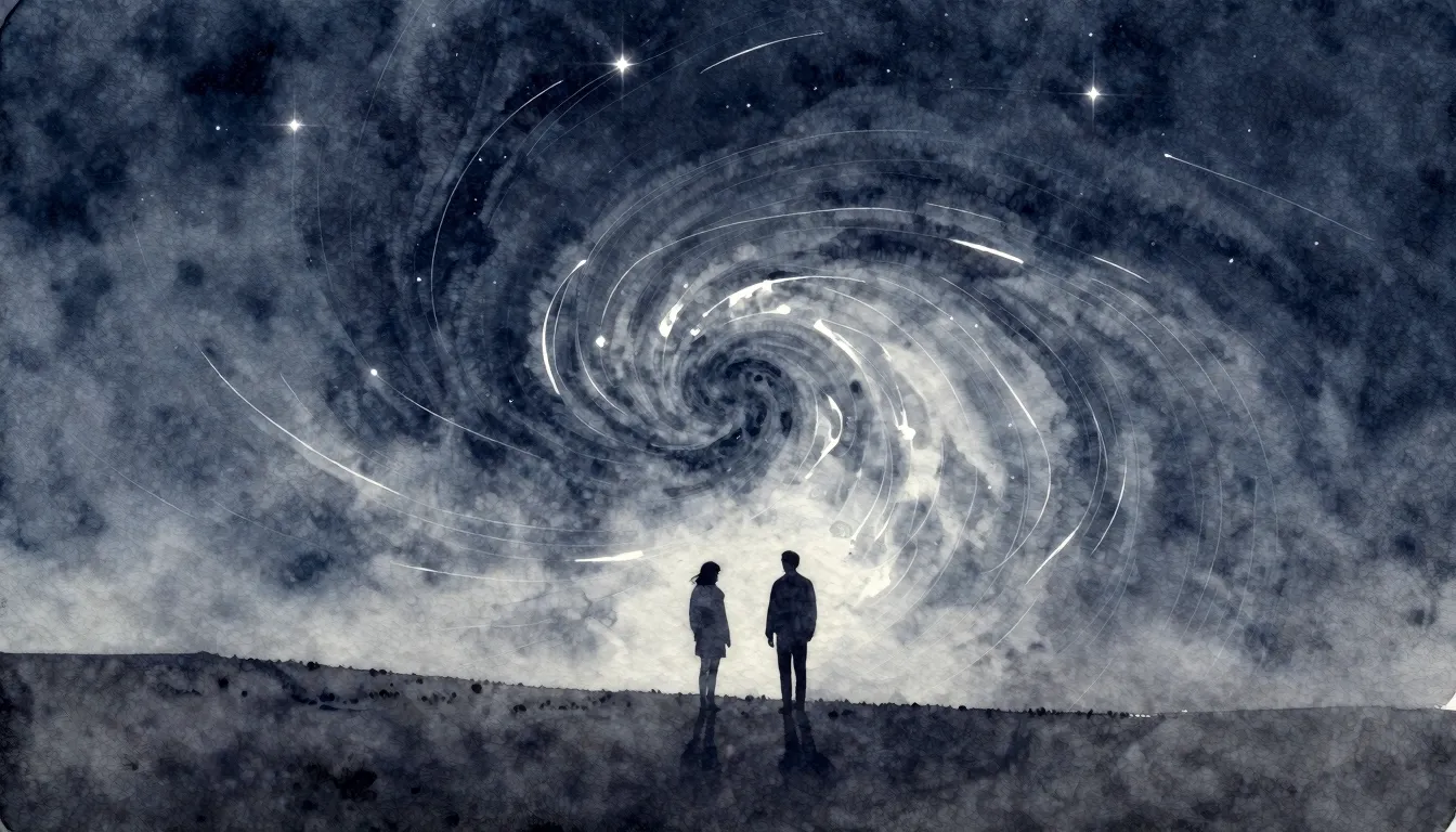 Watercolor style. Silhouettes of two figures standing on a m...