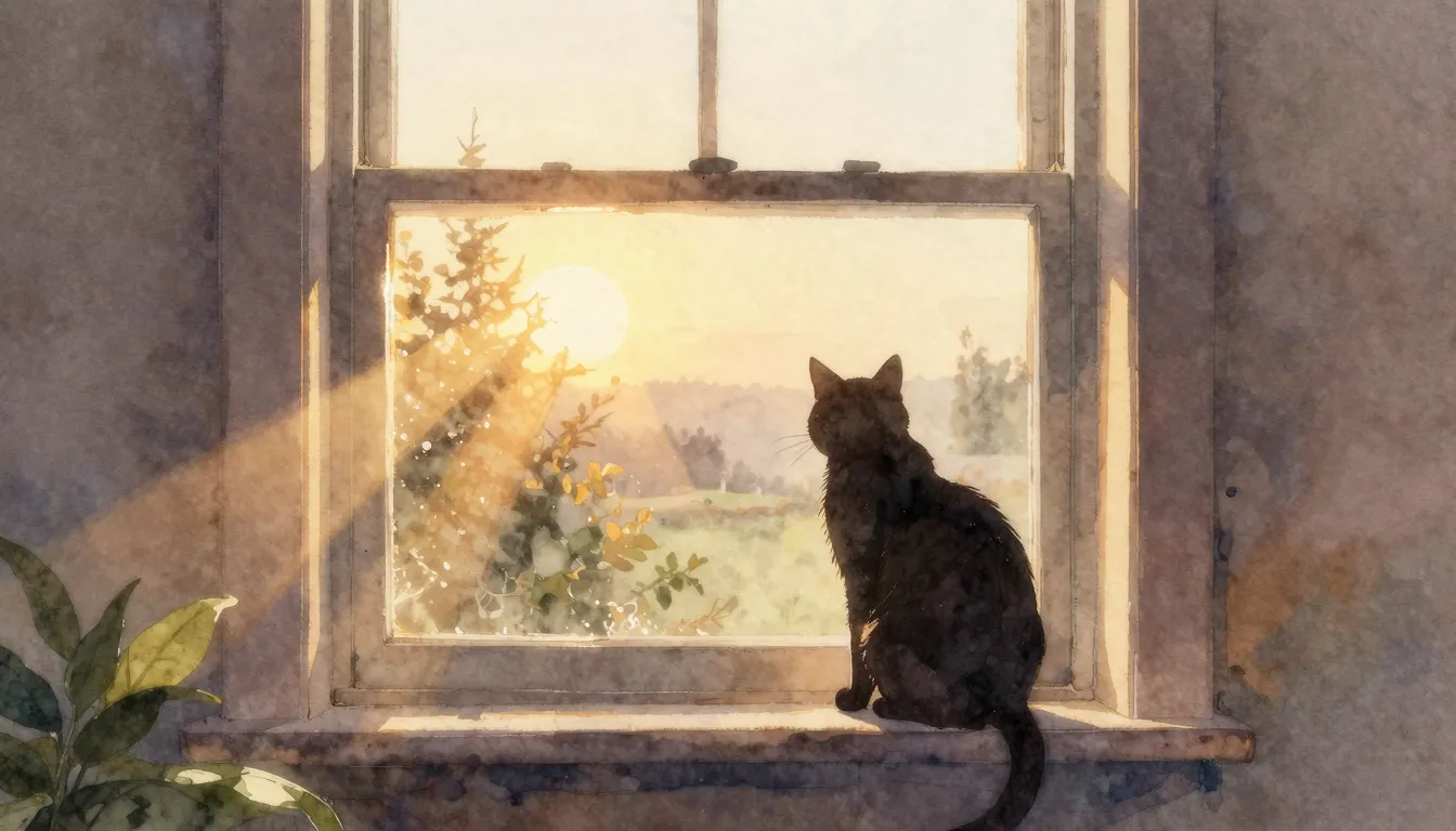 Watercolor style. Morning dawn, golden sun rays shining thro...