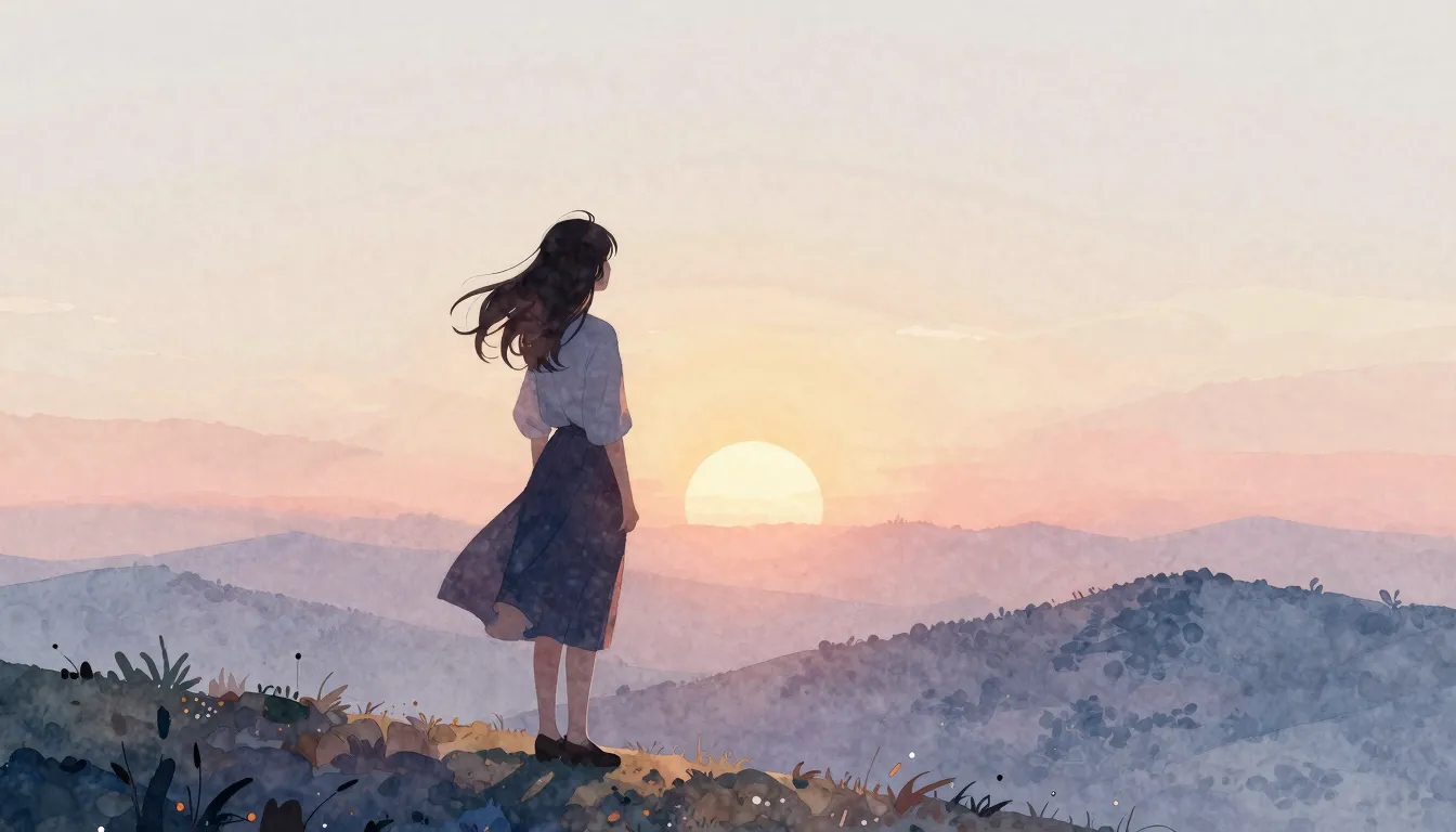 Watercolor style. A silhouette of a young woman standing on ...