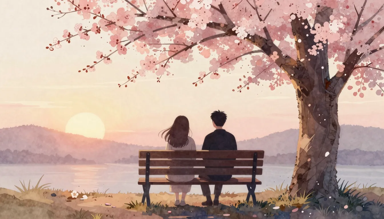 Watercolor style. A silhouette of two friends sitting on a b...