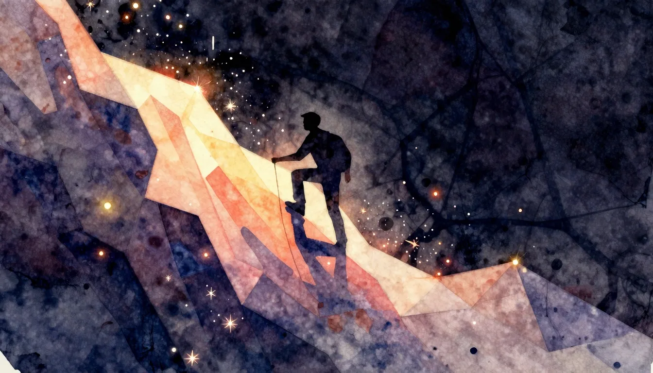 Watercolor style. Silhouette of a person climbing a steep gl...