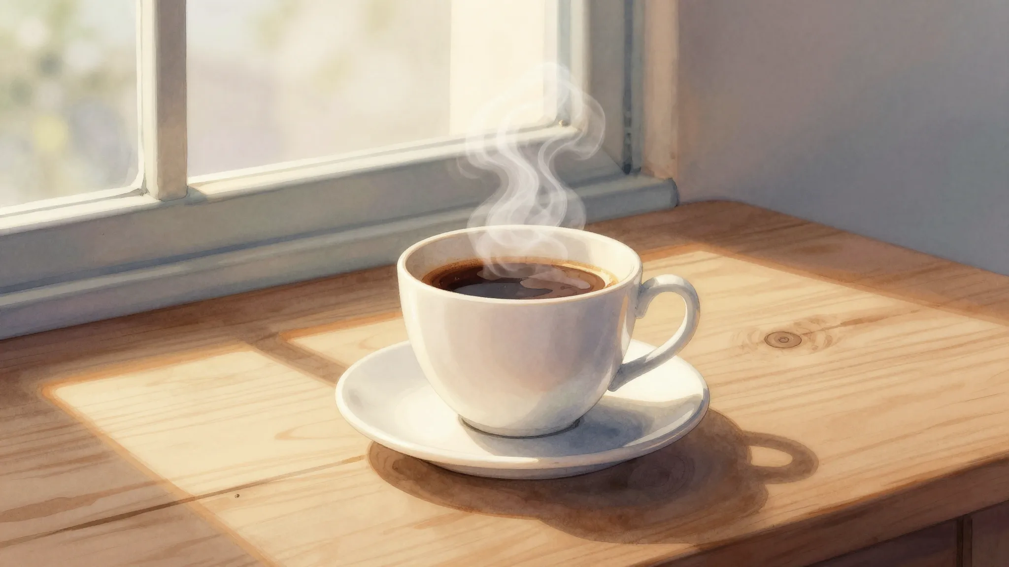 Watercolor style. A cozy morning scene with a steaming cup o...