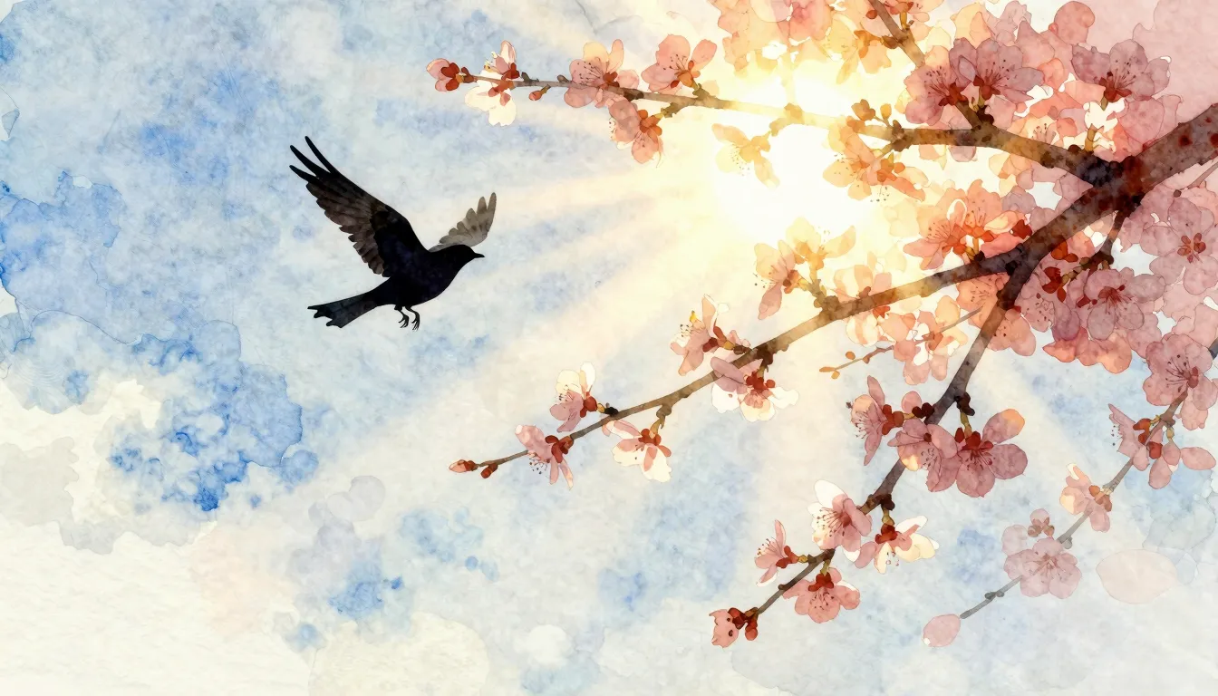 Watercolor style. Silhouette of a bird soaring in a bright s...
