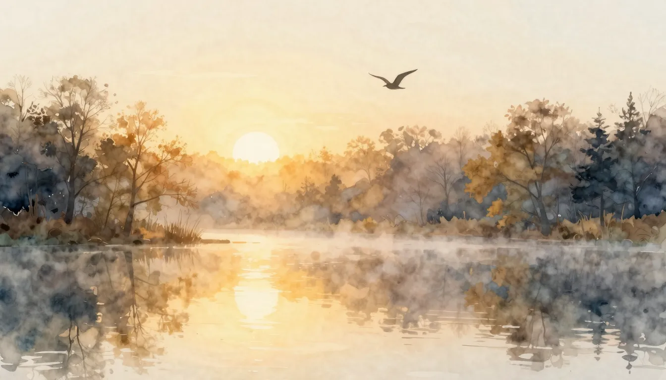 Watercolor style. A beautiful morning landscape, a glowing s...