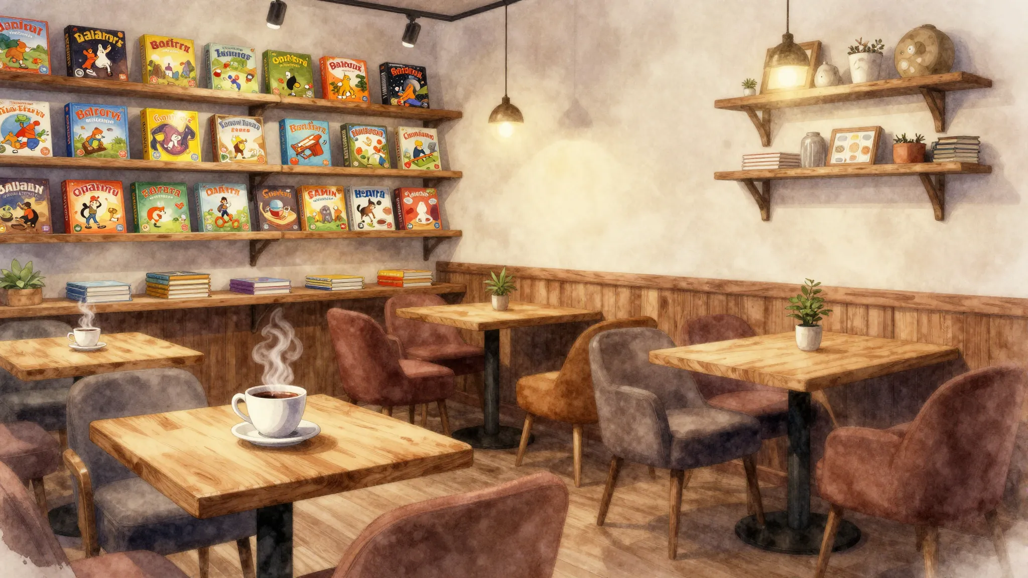 Watercolor style. Cozy interior of an anti-cafe with warm li...
