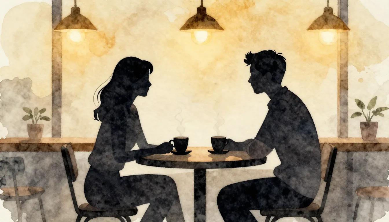 Watercolor style. Silhouettes of a couple sitting at a small...